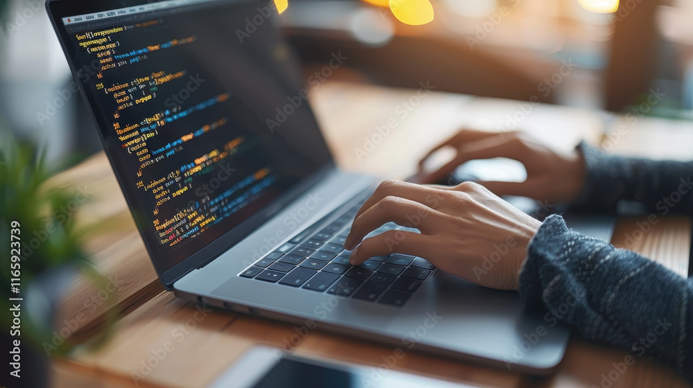 Poster female software developer coding on laptop computer in modern workspace during daytime for digital s