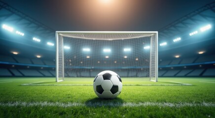 Soccer ball on the field of a stadium with a goal