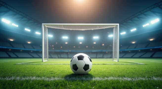 Soccer ball on the field of a stadium with a goal