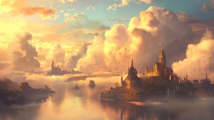 Fototapeta premium Golden Sunset over a Fantasy City: Enchanting Landscape