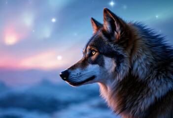 Obraz premium Majestic Wolf Silhouette at Twilight: A Serene Wildlife Painting