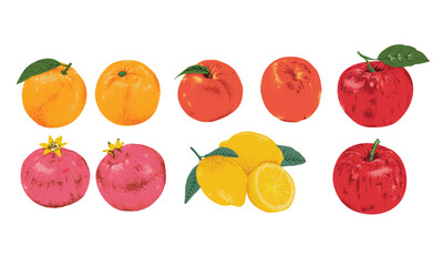 Fruit artwork for for t shirt and poster. Peach graphic print art. Orange fruit print. Fresh apple fruit print. Pomegranate fruit artwork. Nature lemon design.