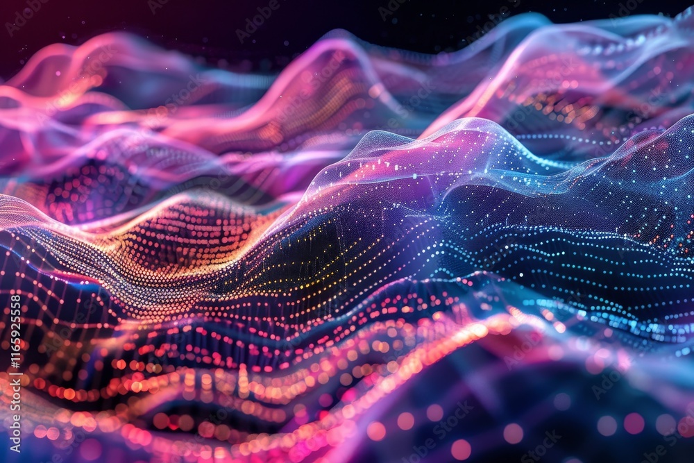 Poster vibrant wave patterns cascade through a dark space, showcasing colorful lights and intricate designs
