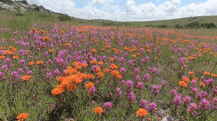 Windy Prairie Skies: Vast grassy plains with wildflowers and tall grasses swaying under the strong gusts of wind, clouds racing across the sky. 