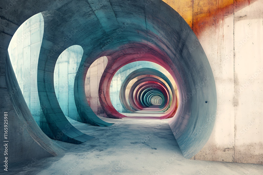 Poster Abstract Concrete Tunnel With Colorful Circular Forms