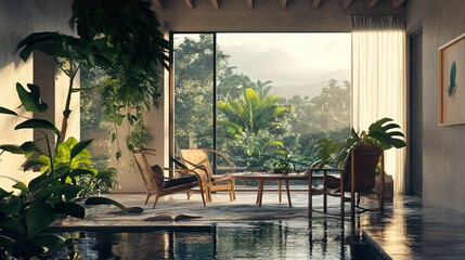 Fototapeta premium Modern Tropical Villa Interior Design with Pool View
