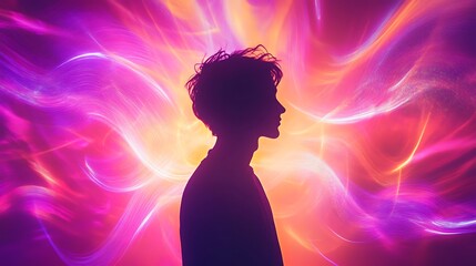 A glowing silhouette of a person with radiant, colorful energy waves surrounding them, symbolizing inner happiness and joy