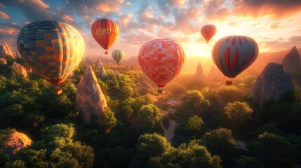 Fototapeta premium Colorful hot air balloons soar over scenic landscape at sunset.