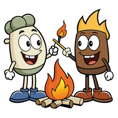 Two Friends by a Campfire Holding Marshmallows - Cozy Outdoor Scene