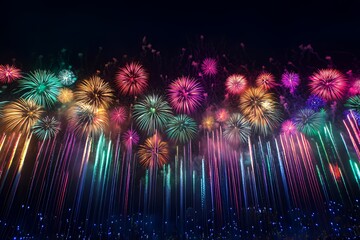 Vibrant Colorful Fireworks Display Illuminating Night Sky