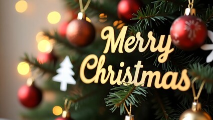 Obraz premium Christmas Tree With Red And Gold Ornaments, Gold Merry Christmas Script, Bokeh Lights