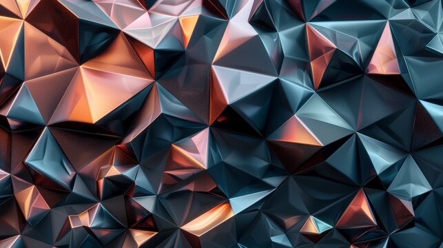 Metallic copper and teal low poly triangular geometric surface forming an abstract wallpaper background