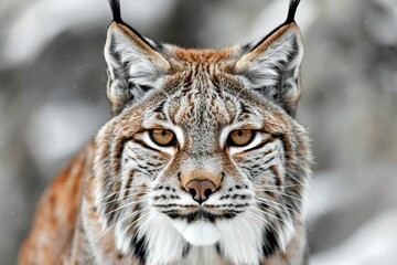 Obraz premium Lynx close-up portrait, piercing gaze, background in various shades of gray .