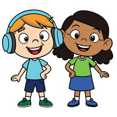Two Kids Listening to Music With Shared Headphones - Sweet Bonding Scene Variant