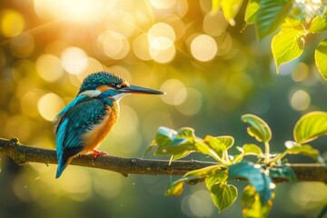 Fototapeta premium The kingfisher, with its brilliant blue and orange plumage, sits gracefully on a branch, surrounded by leaves illuminated by warm sunlight, creating a tranquil atmosphere.