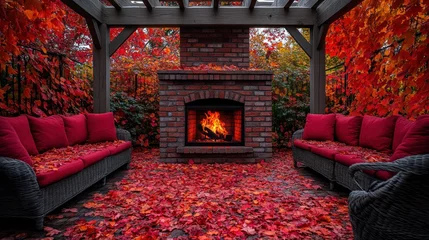 Fotobehang Cozy autumn patio with fireplace, red leaves. © AGUNG