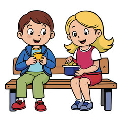 Two Kids Sitting on a Bench Eating and Chatting - Relaxed Social Moment