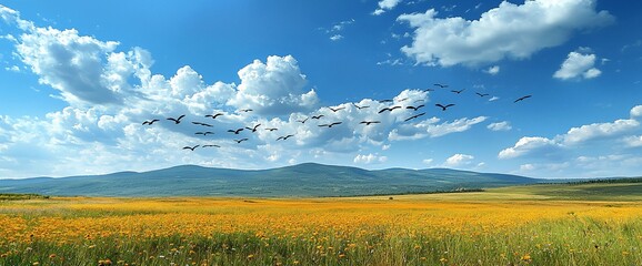 Birds flying over a yellow field and mountains under a blue sky.