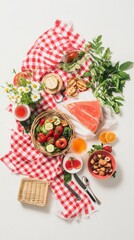 A Colorful Picnic Spread: Fresh Fruits, Vegetables, and Salmon - A Delightful Summer Feast