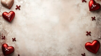 Red and gold hearts decorate a beige background