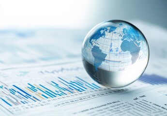 Crystal Globe on Abstract Financial Newspaper with Global Data and Graphs