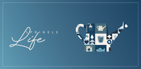 Water Life Icons Set with Blue Background. Modern minimalist design featuring water-related icons arranged in an watering shape against a blue gradient background with 
