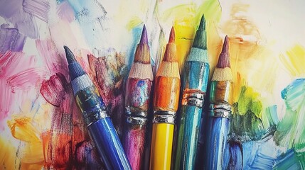 Colorful Pencils on Painted Canvas: Artistic Expression