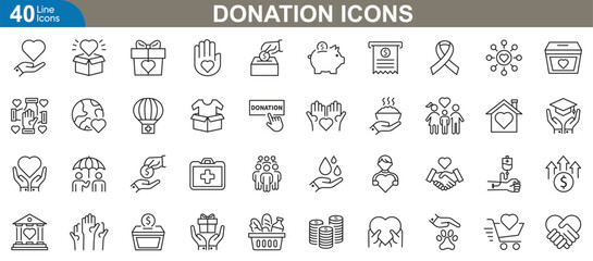 Donation icon set. Charity, giving, compassion, philanthropy, support, fundraising help, kindness and more symbol. Simple line vector illustration.