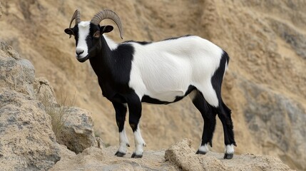 Fototapeta premium A black and white goat stands on rocky terrain, showcasing its distinctive features.