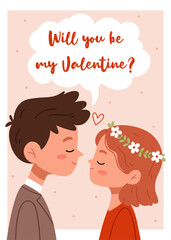 Cute couple in love. Card in vintage colors in Scandinavian style. Will you be my Valentine.Love tenderness and romantic feelings concept.