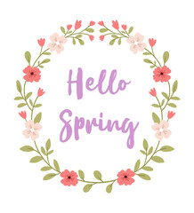 The inscription Hello Spring in a flower wreath.Design for a greeting card.