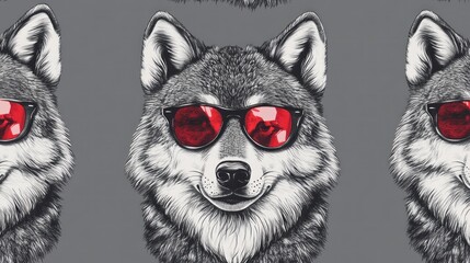 Obraz premium Cool wolves wearing red sunglasses, repeating pattern.