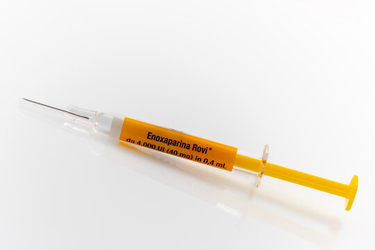 Italy - December 20, 2024: Enoxaparin Rovi syringe, it is an anticoagulant heparin