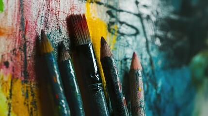 Obraz premium Vibrant Hues: A Close-Up of Paintbrushes and Colored Pencils