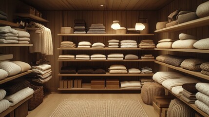 Obraz premium Cozy wooden closet filled with neatly stacked blankets, pillows, and sweaters.