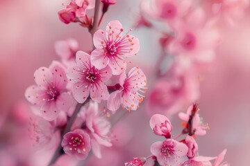 Obraz premium Delicate pink cherry blossoms bloom abundantly, filling the garden with vibrant colors and a serene atmosphere during the spring season.