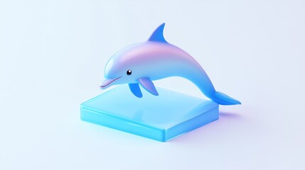 Cute cartoon dolphin leaping on a light blue platform against a white background.