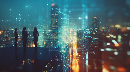 Fototapeta premium Abstract business team stands on the peak of success amid tall, innovative Smart city and graphs with statistics to analyze business potential and predict future developments in company growth.