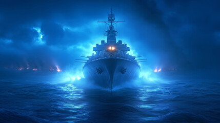 Obraz premium Warship navigating through stormy ocean at night