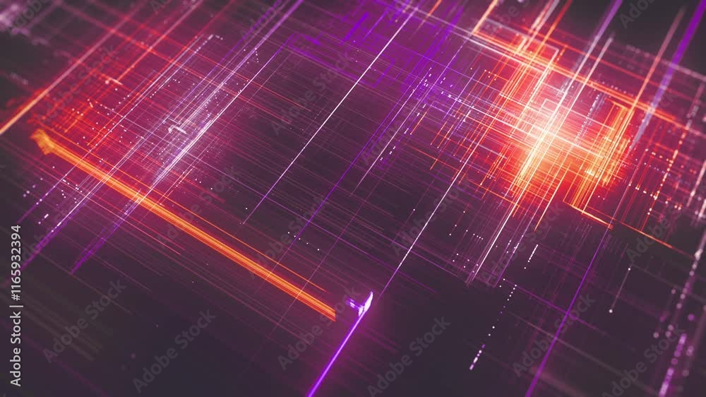 Poster advanced 3d technology digital neon grid/ animation of an abstract colored technology background wit