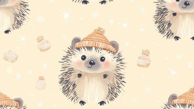 Cute hedgehog wearing winter hat seamless pattern.