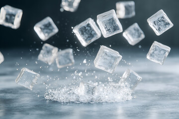 Ice cubes in motion with water droplets against a black background.