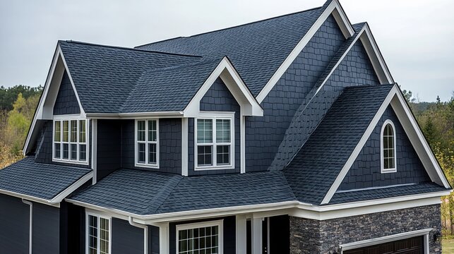 Dark gray shingle roof on a luxury house.