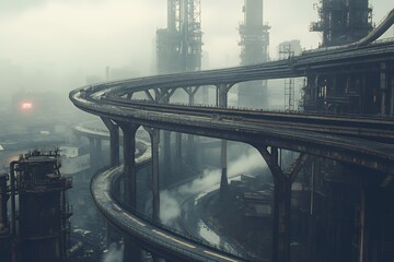 Elevated Highway Curves Through Industrial Foggy Cityscape