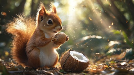 Fototapeta premium Adorable squirrel holding nut, coconut nearby.