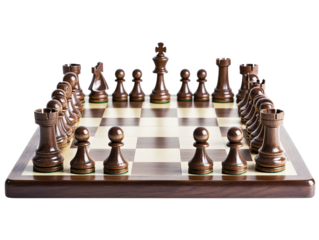 Isolated Wooden Chess Board with Dark Chess Pieces