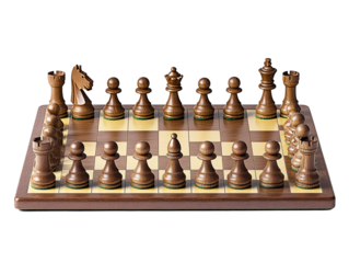 Isolated Wooden Chess Board with Pieces Setup