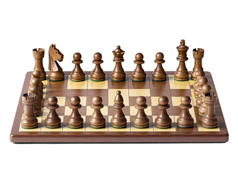 Isolated Wooden Chess Board with Pieces Setup