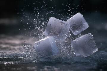 Ice cubes in motion with water droplets against a black background.