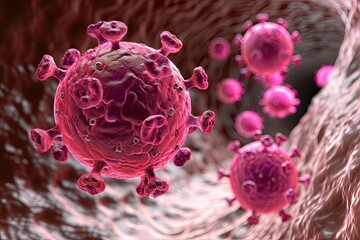  Microscopic view of influenza virus among leukocytes and erythrocytes in the bloodstream.